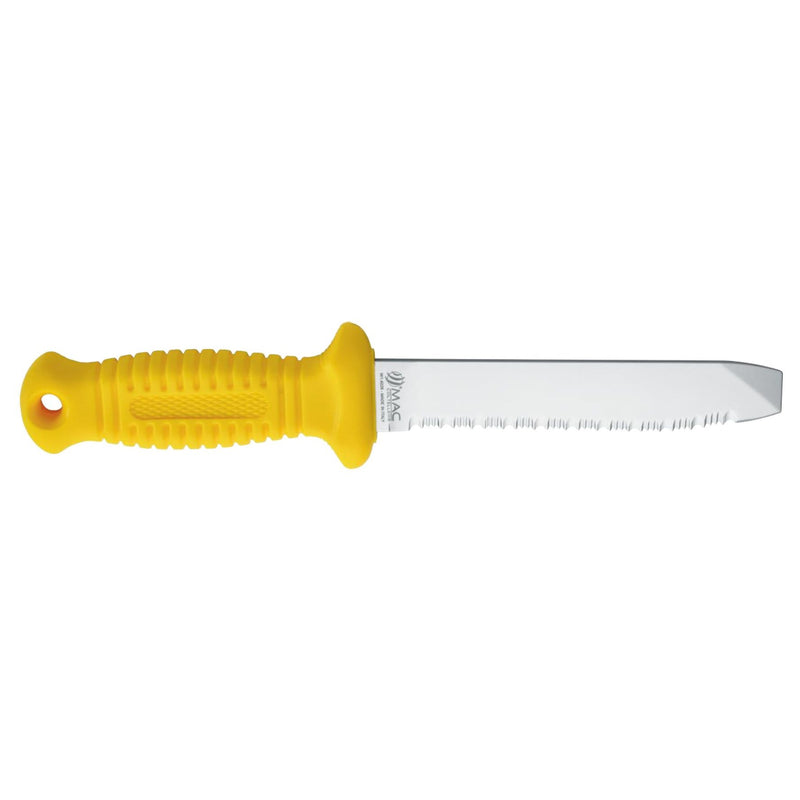 Yellow handled diving knife with extended serrated stainless steel blade showing full knife profile by MAC Coltellerie