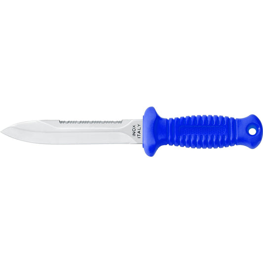 Blue handled diving knife with serrated stainless steel blade and ergonomic grip handle by MAC Coltellerie
