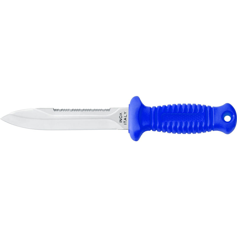 Blue handled diving knife with serrated stainless steel blade and ergonomic grip handle by MAC Coltellerie