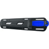 Blue handled diving knife secured in black polymer sheath with multiple mounting slots