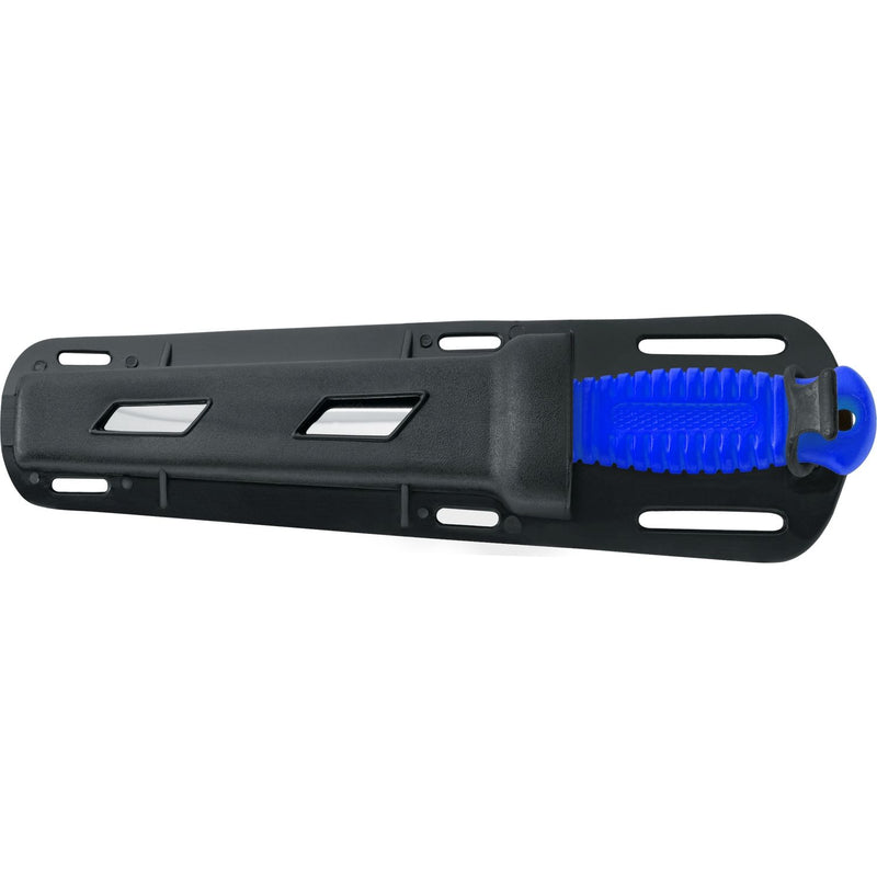 Blue handled diving knife secured in black polymer sheath with multiple mounting slots