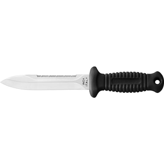 MAC Coltellerie diving knife with black textured handle, serrated stainless steel blade, tactical grip