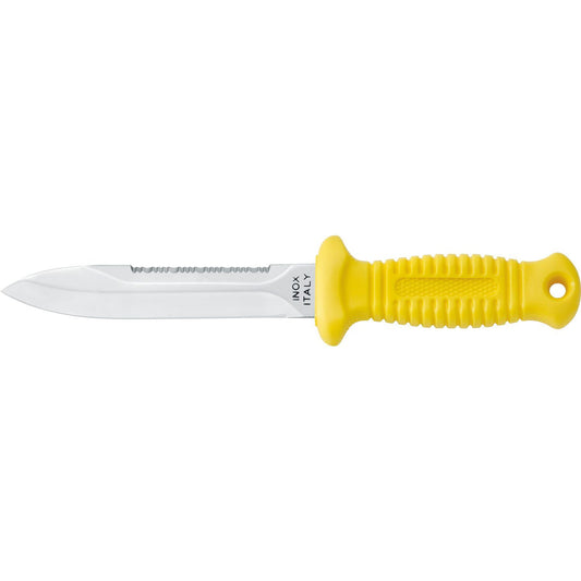 Yellow handled diving knife with serrated stainless steel blade and ergonomic grip handle by MAC Coltellerie