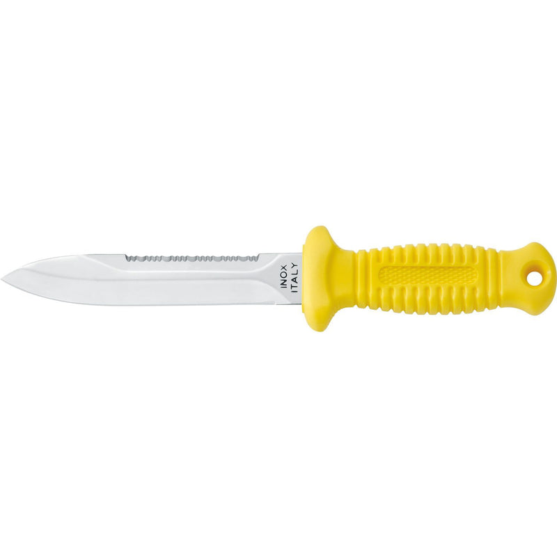 Yellow handled diving knife with serrated stainless steel blade and ergonomic grip handle by MAC Coltellerie