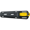 Yellow handled diving knife secured in black polymer sheath with multiple mounting slots