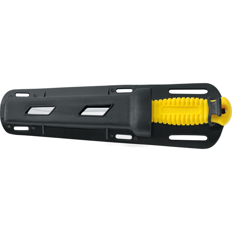 Yellow handled diving knife secured in black polymer sheath with multiple mounting slots