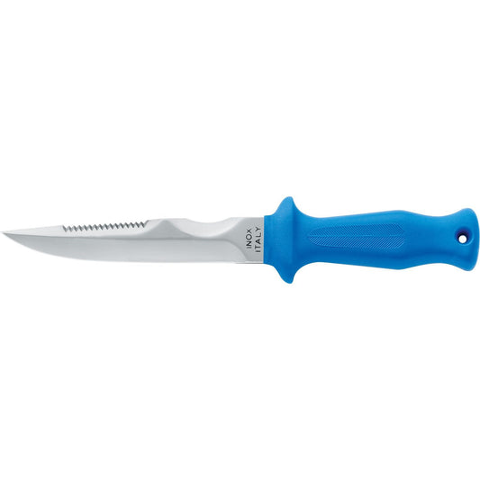 MAC Coltellerie diving knife with blue ergonomic handle and serrated blade edge
