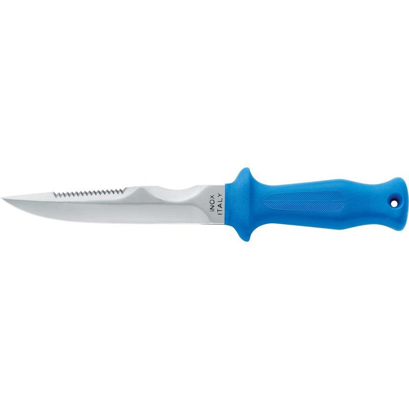 MAC Coltellerie diving knife with blue ergonomic handle and serrated blade edge