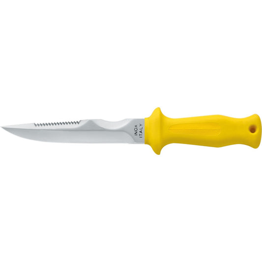 MAC Coltellerie diving knife with yellow ergonomic handle and serrated blade edge