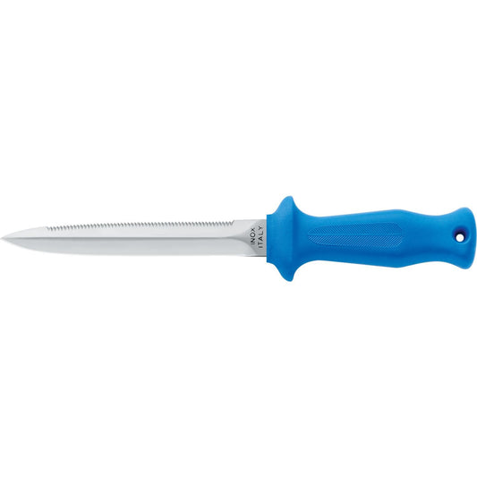 MAC Coltellerie diving knife with blue ergonomic handle and straight blade edge