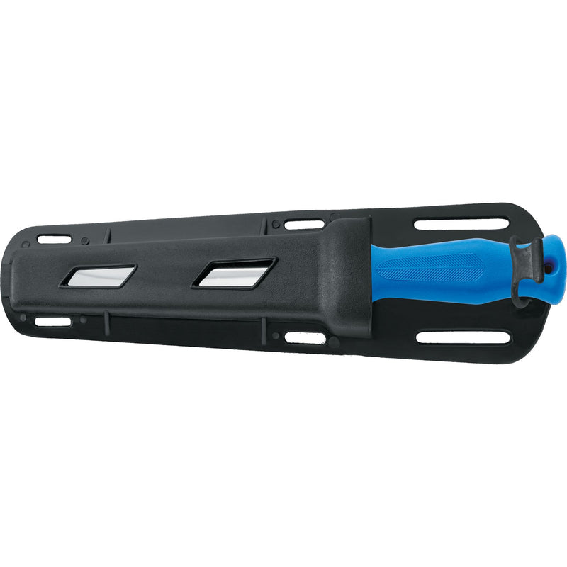 MAC Coltellerie blue knife sheath with black base and mounting holes for belt attachment