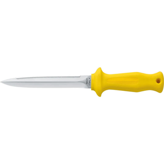 MAC Coltellerie diving knife with yellow ergonomic handle and straight blade edge