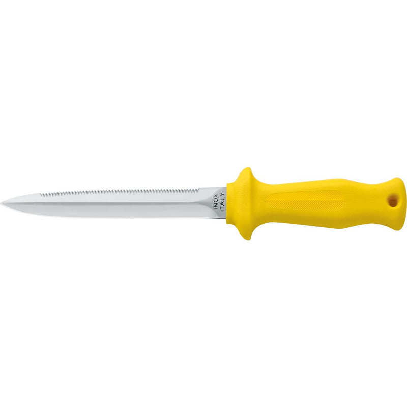 MAC Coltellerie diving knife with yellow ergonomic handle and straight blade edge