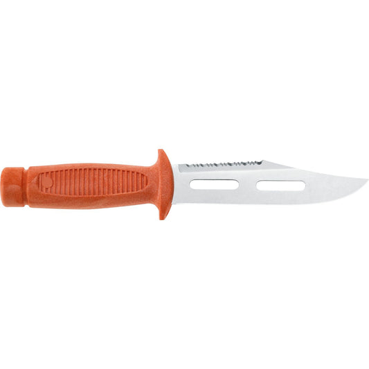 MAC Coltellerie orange handled dive knife with straight blade and finger guard