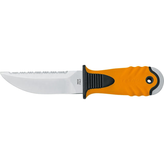 MAC Coltellerie TEKNO fixed blade knife with orange textured handle and serrated stainless steel blade