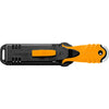 MAC Coltellerie TEKNO knife with orange handle shown with black OZAR tactical sheath