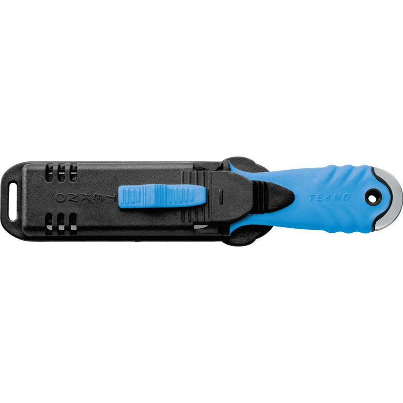 MAC Coltellerie TEKNO knife with blue handle in black tactical sheath with blue accent clip
