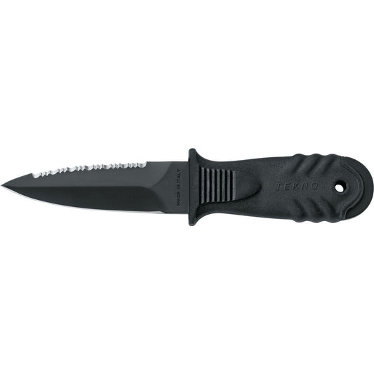MAC Coltellerie TEKNO fixed blade knife with black handle and tactical black coated serrated blade