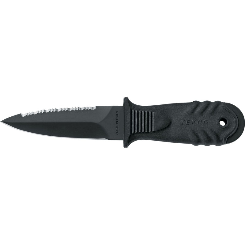 MAC Coltellerie TEKNO fixed blade knife with black handle and tactical black coated serrated blade
