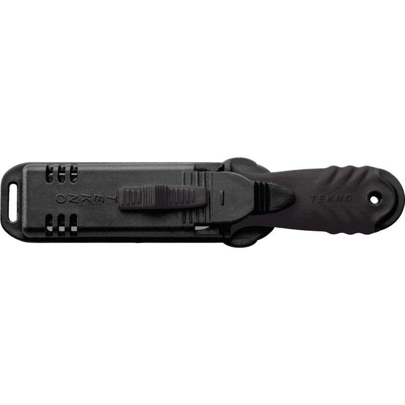 MAC Coltellerie TEKNO knife with black handle and tactical blade shown with black OZAR tactical sheath