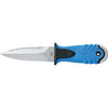MAC Coltellerie TEKNO fixed blade knife with blue textured handle and serrated stainless steel blade