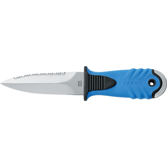 MAC Coltellerie TEKNO fixed blade knife with blue textured handle and serrated stainless steel blade