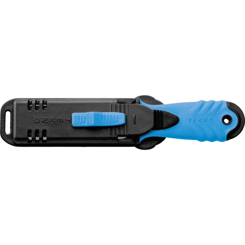 MAC Coltellerie TEKNO knife with blue handle shown with black OZAR tactical sheath