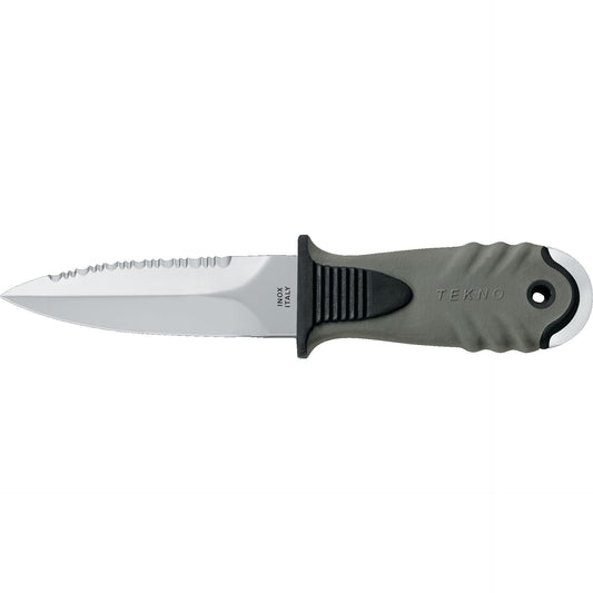 MAC Coltellerie TEKNO fixed blade knife with gray textured handle and serrated stainless steel blade