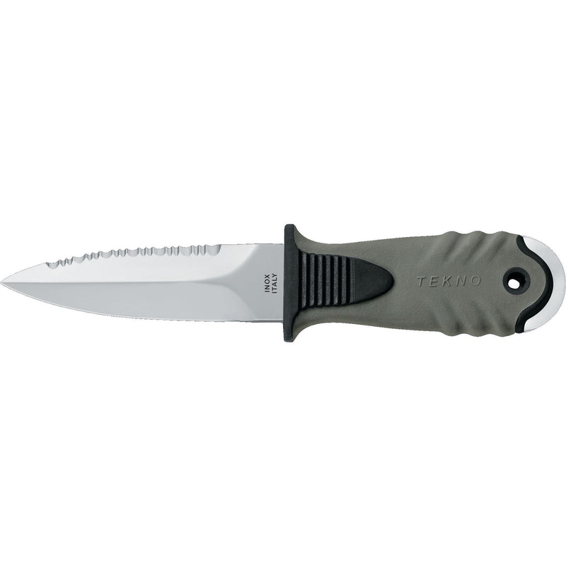 MAC Coltellerie TEKNO fixed blade knife with gray textured handle and serrated stainless steel blade
