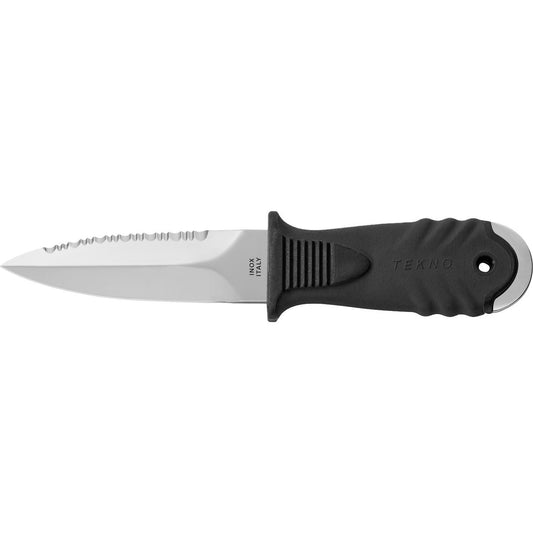 MAC Coltellerie TEKNO fixed blade knife with black textured handle and serrated stainless steel blade