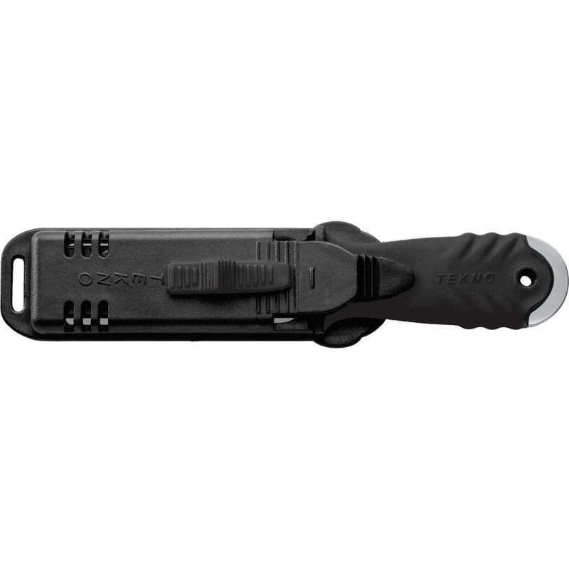 MAC Coltellerie TEKNO knife with black handle shown with black OZAR tactical sheath
