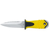 MAC Coltellerie TEKNO fixed blade knife with yellow textured handle and serrated stainless steel blade
