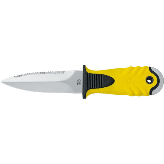 MAC Coltellerie TEKNO fixed blade knife with yellow textured handle and serrated stainless steel blade