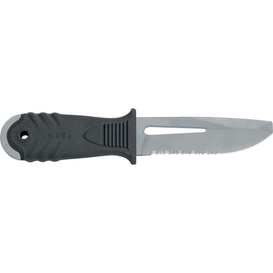 MAC Coltellerie TKN1OTH tactical diving knife with black textured handle and stainless steel blade featuring serrations and lanyard hole