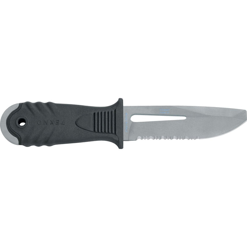 MAC Coltellerie TKN1OTH tactical diving knife with black textured handle and stainless steel blade featuring serrations and lanyard hole