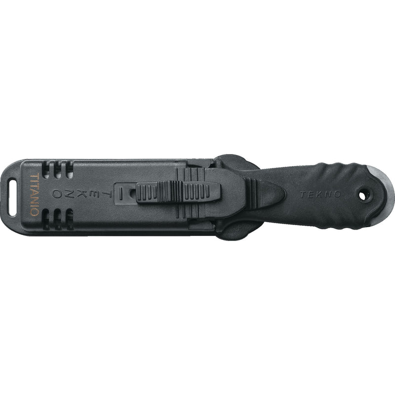 MAC Coltellerie TKN1OTH tactical diving knife sheath with black polymer construction showing attachment points and integrated belt clip system
