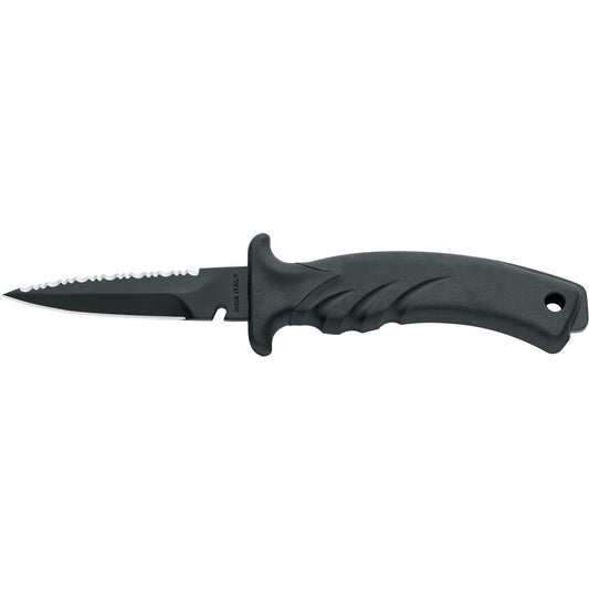 MAC Coltellerie tactical diving knife with black serrated blade and ergonomic black grip handle