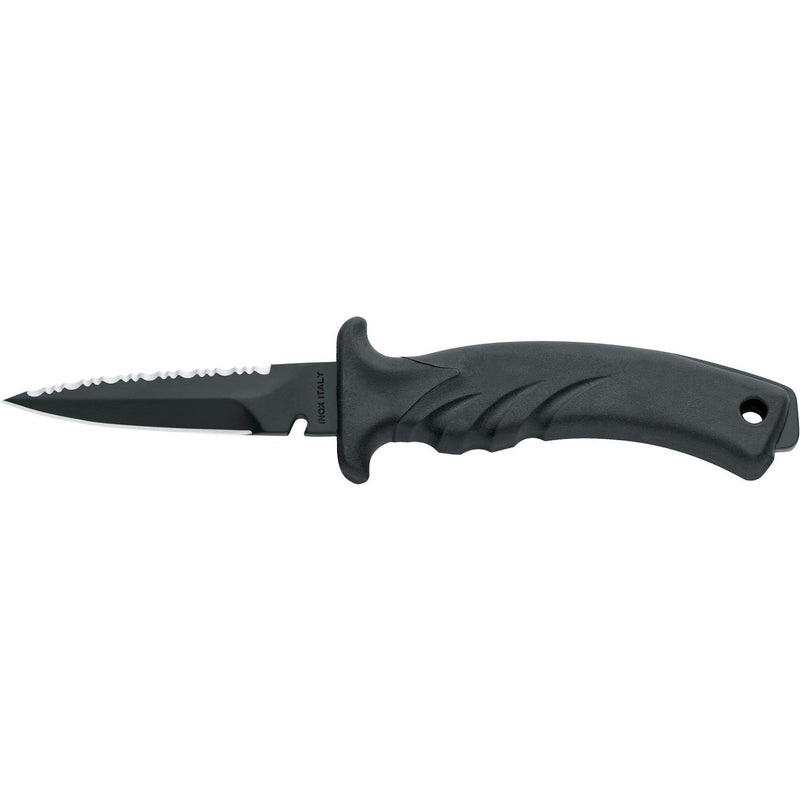 MAC Coltellerie tactical diving knife with black serrated blade and ergonomic black grip handle