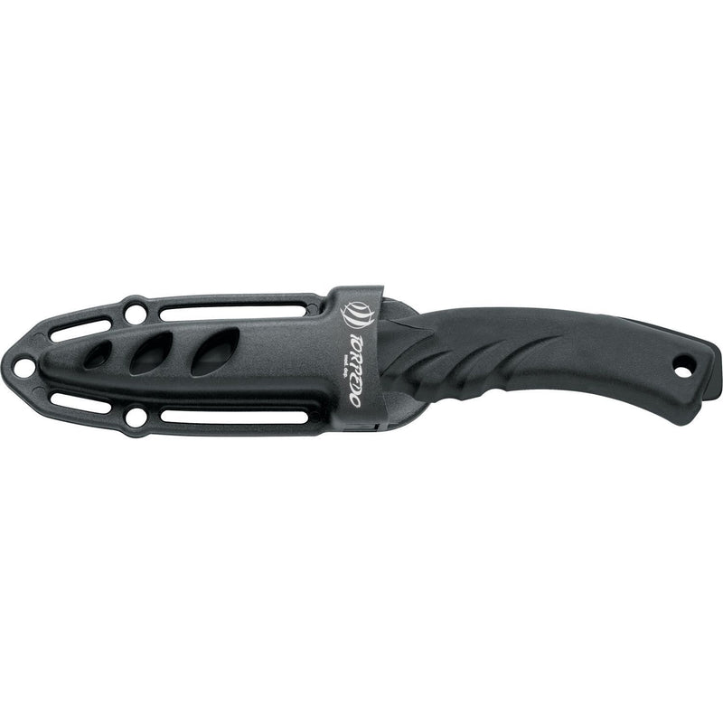 MAC Coltellerie diving knife with black protective sheath featuring ventilation holes and retention system