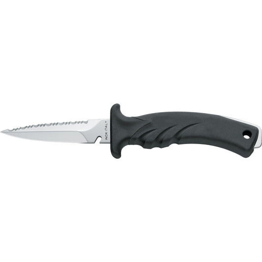 MAC Coltellerie diving knife with serrated blade and ergonomic grip handle, unsheathed view