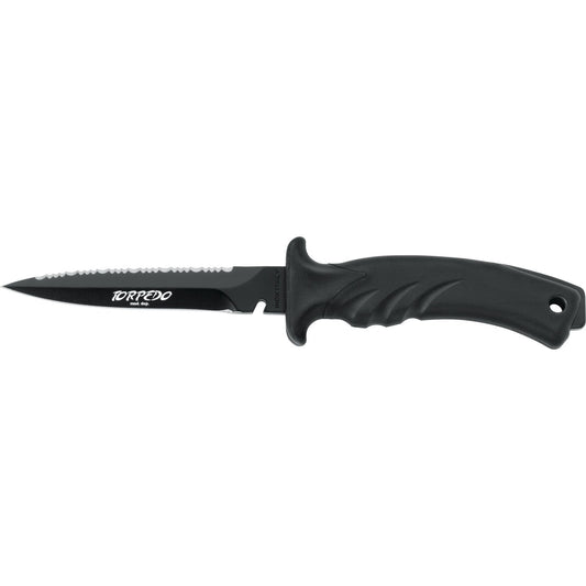 MAC Coltellerie Torpedo tactical knife with black coated serrated blade and contoured black grip handle