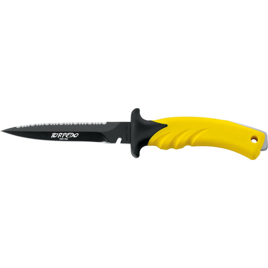 MAC Coltellerie Torpedo knife with black serrated blade and high-visibility yellow textured handle