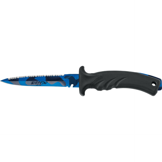 MAC Coltellerie TORPEDO fixed blade knife with blue serrated edge and black ergonomic handle