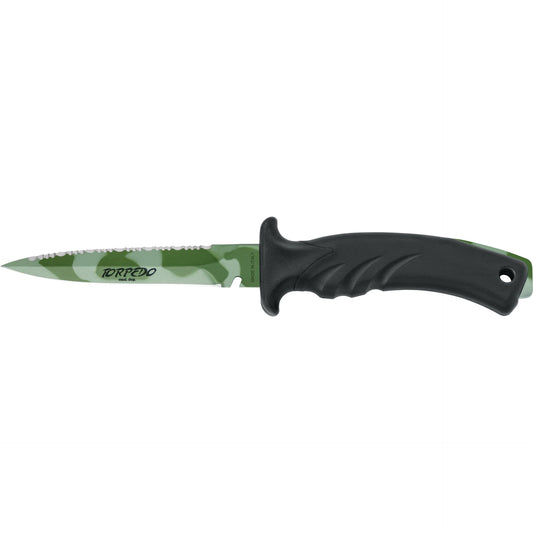 MAC Coltellerie TORPEDO fixed blade knife with green serrated edge and black ergonomic handle