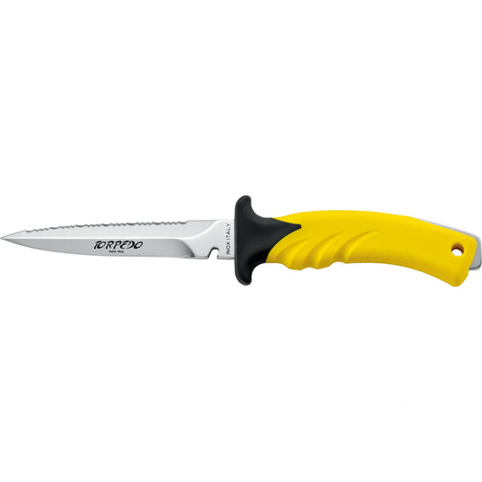 MAC Coltellerie Torpedo diving knife featuring stainless steel serrated blade with bright yellow ergonomic handle