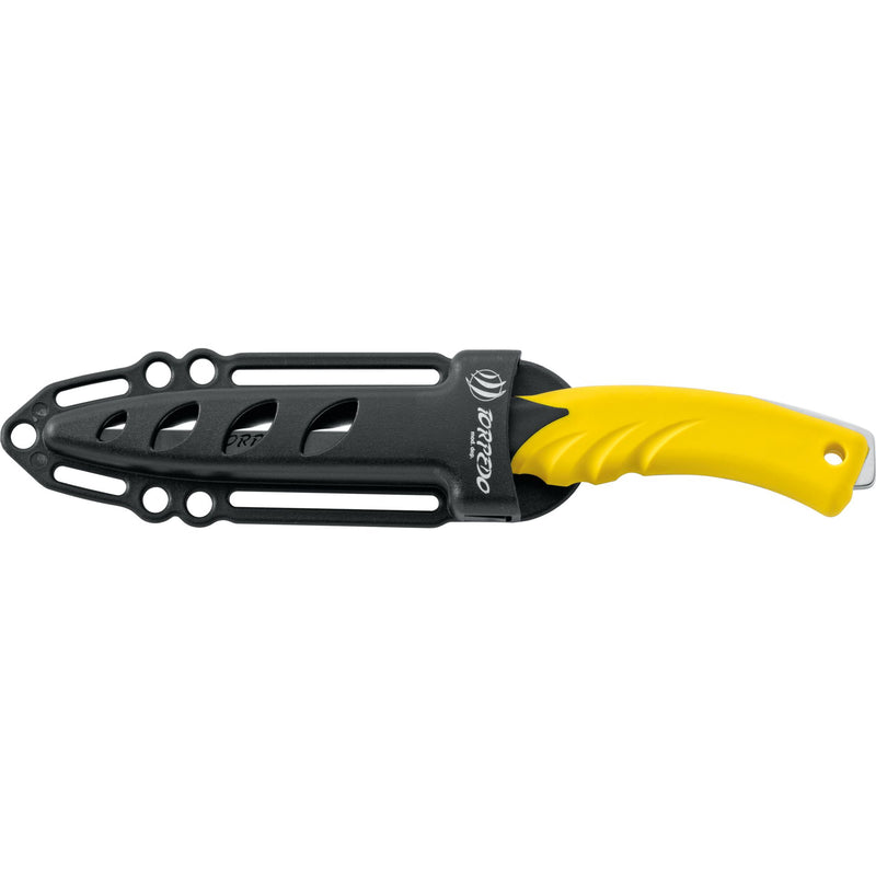 MAC Coltellerie Torpedo knife with yellow handle secured in black ventilated protective sheath