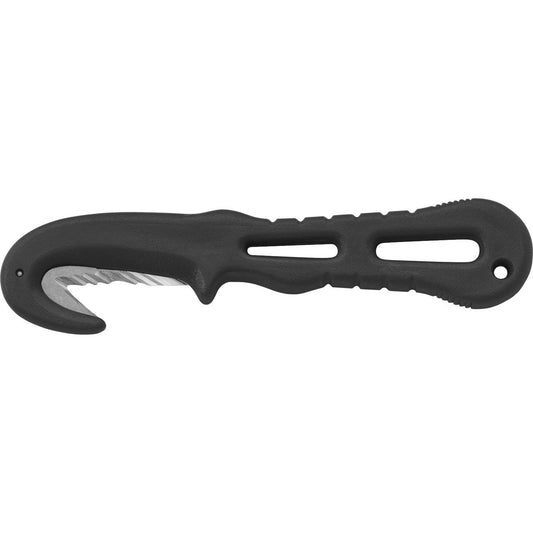 MAC Coltellerie black handled hook knife with ergonomic grip and safety features