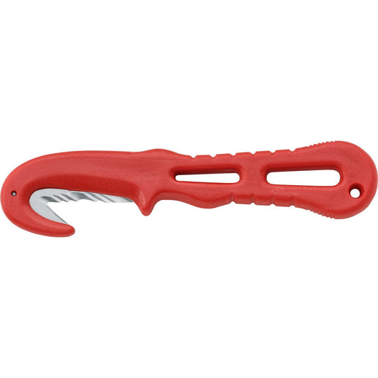 MAC Coltellerie red handled hook knife with curved blade and textured grip