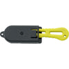 Yellow safety cutter knife with black protective sheath, showing blade deployment mechanism
