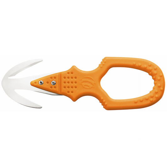 MAC Coltellerie TS09O orange rescue knife with serrated blade and safety cutter, front view